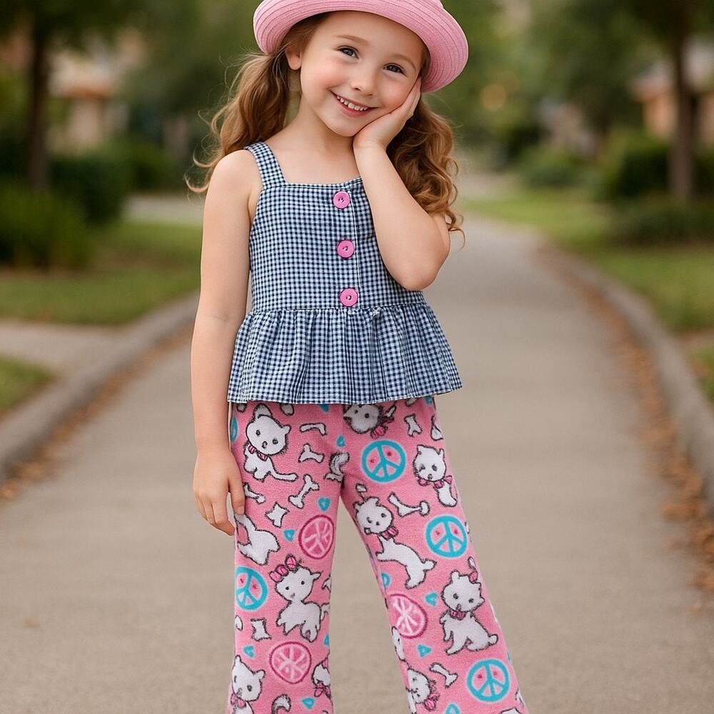 Girls Lounge Pants Size M 7 8 Pink White Scottie Dog‎ Fuzzy Pajama Peace Signs